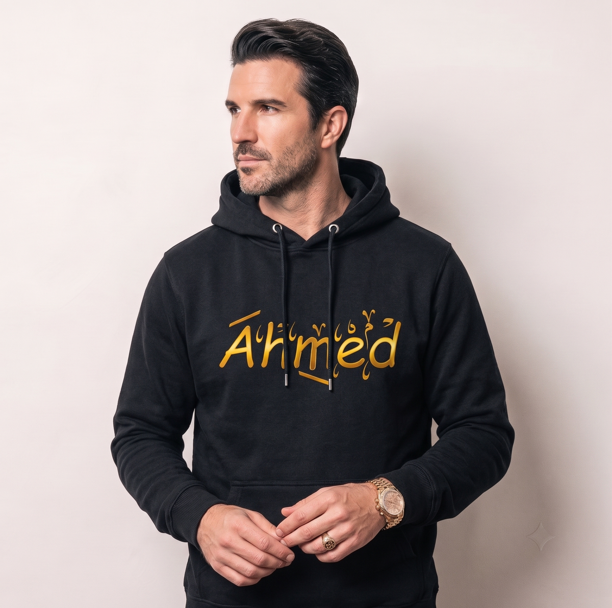 Personalized "Ahmed" name with Arabic tashkeel typography hoodie